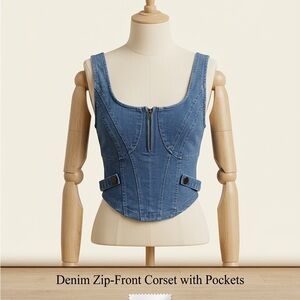 Denim Zip-Front Corset Top